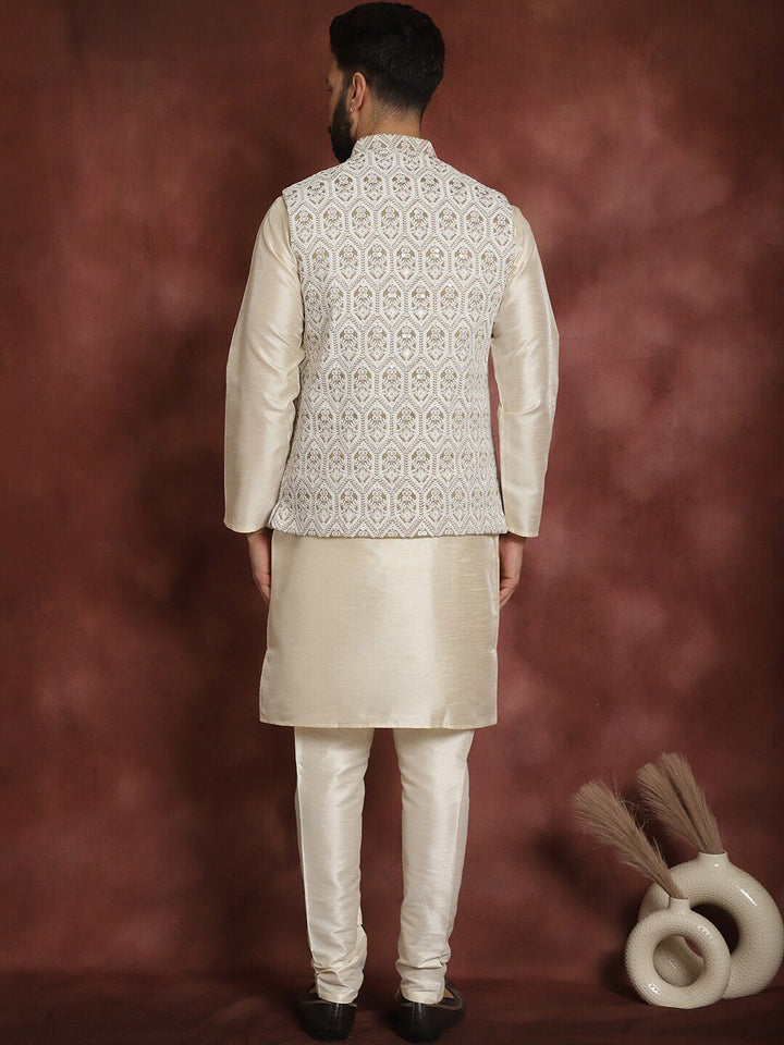 Anouk Men Geometric Embroidered Thread Work Straight Kurta With Churidar & Nehru Jacket