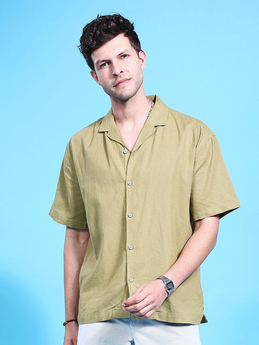 The Indian Garage Co Men Cuban Collar Relaxed Fit Linen Resortwear Shirt