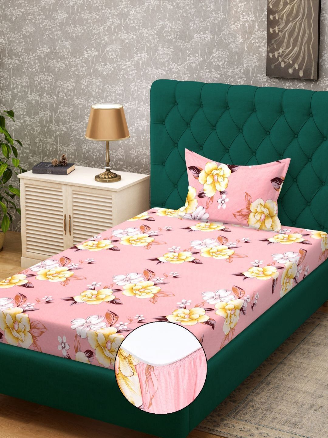 KLOTTHE Pink Floral Cotton 300 TC Fitted Single Fine Bedsheet with a Pillow Cover-225 x 150 cm