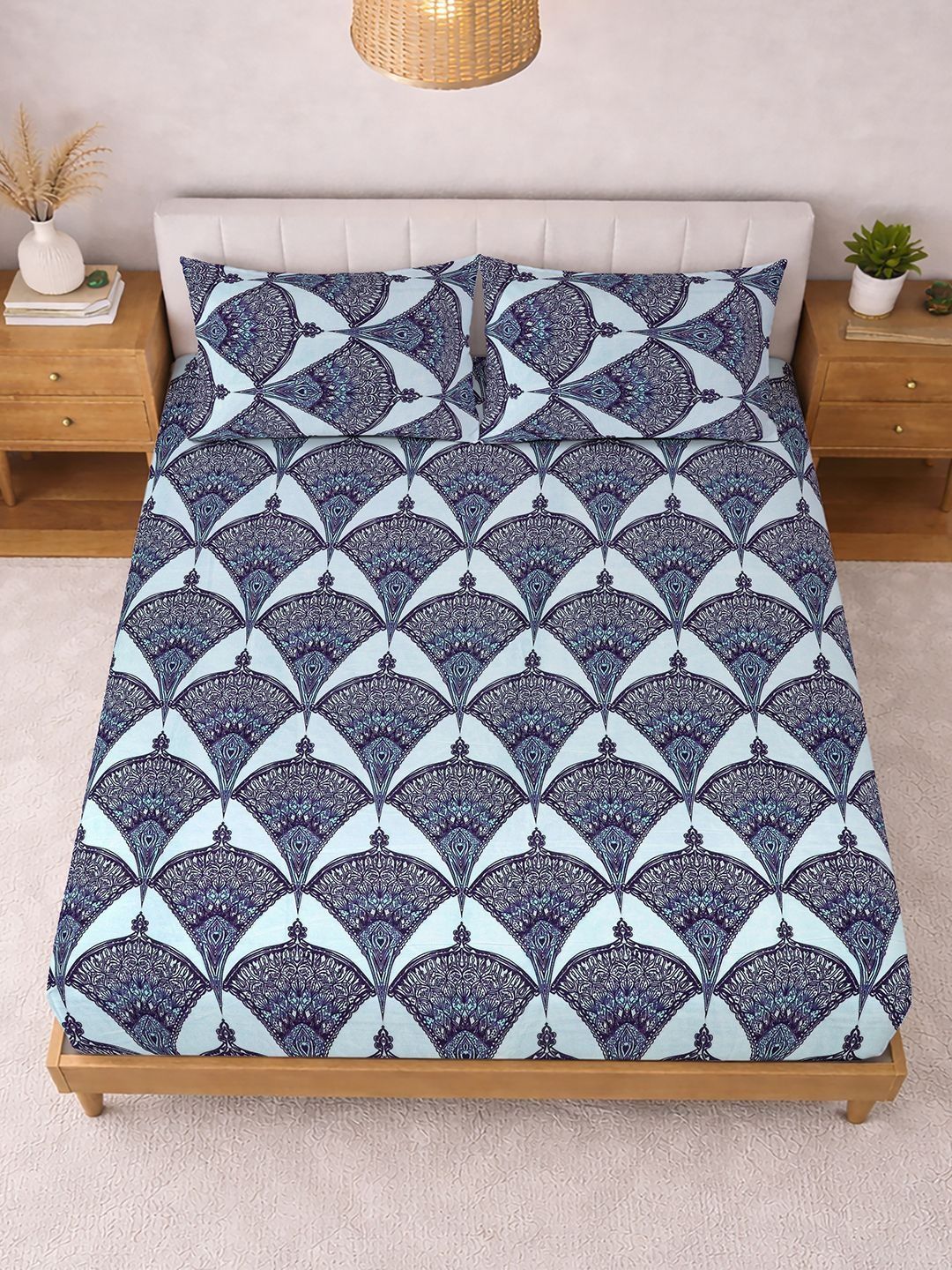KLOTTHE Blue Floral Printed Fitted 400TC Super King Bedsheet With 2 Pillow Cover