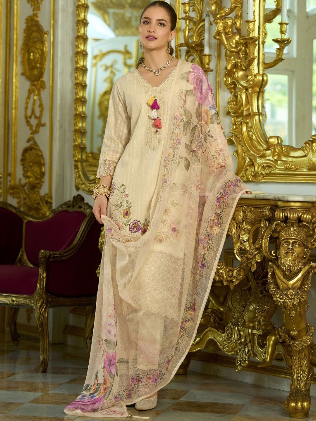 Varanga Nazrana Floral Thread Embroidered Schiffli Orangza Lace Kurta Trouser & Dupatta