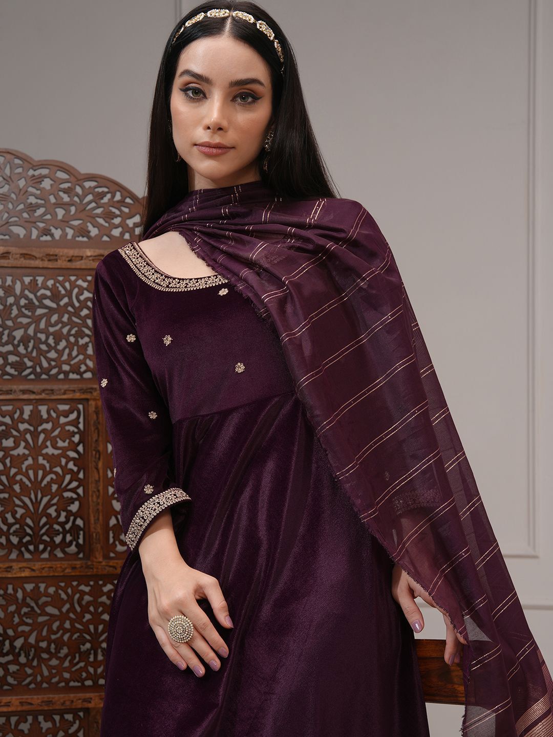 Vishudh Women Embroidered Velvet Umbrella Kurta With Slim Pants & Dupatta