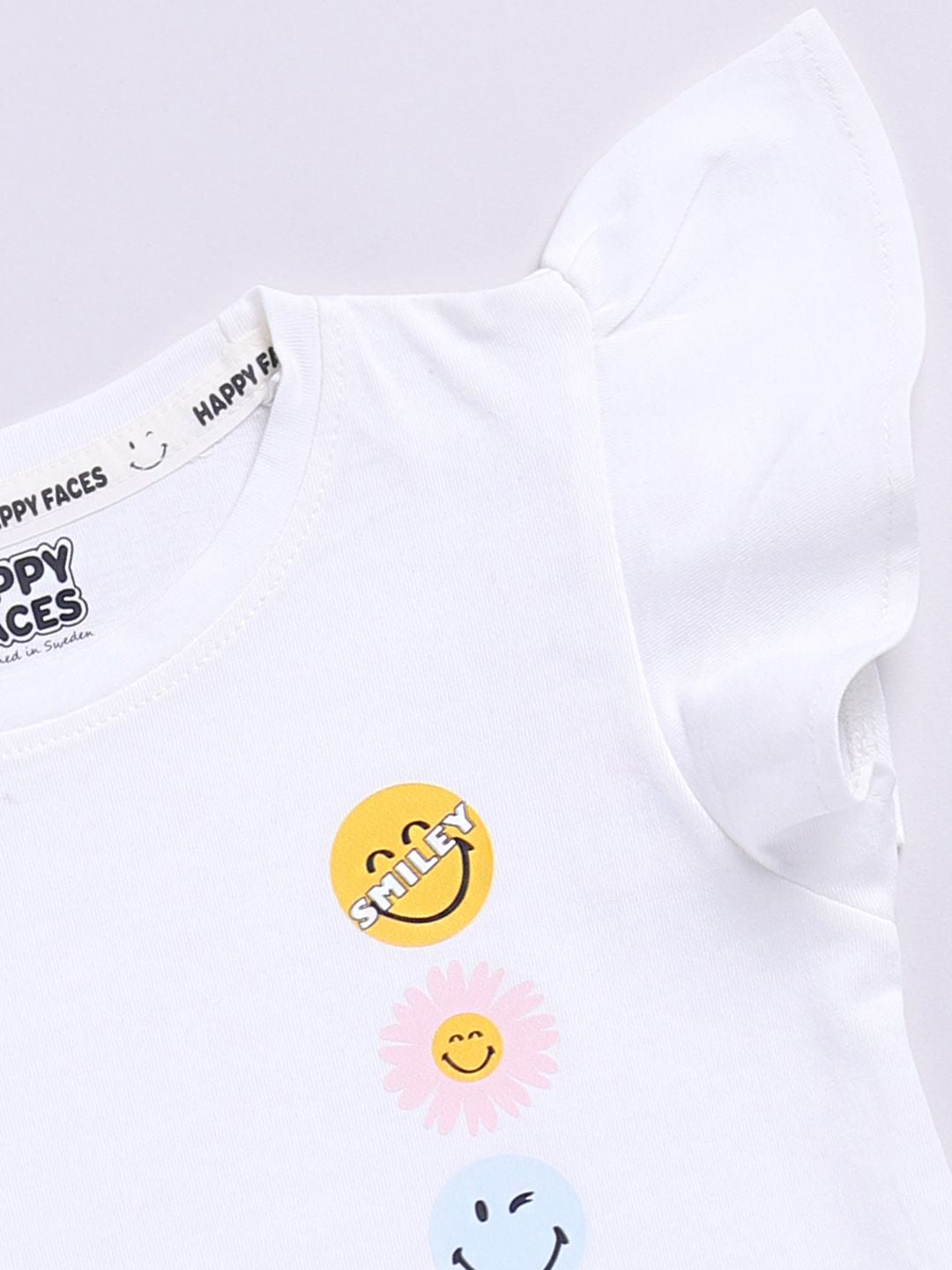 Happy Faces Kids Girls Printed Flutter Sleeve Pure Cotton Top