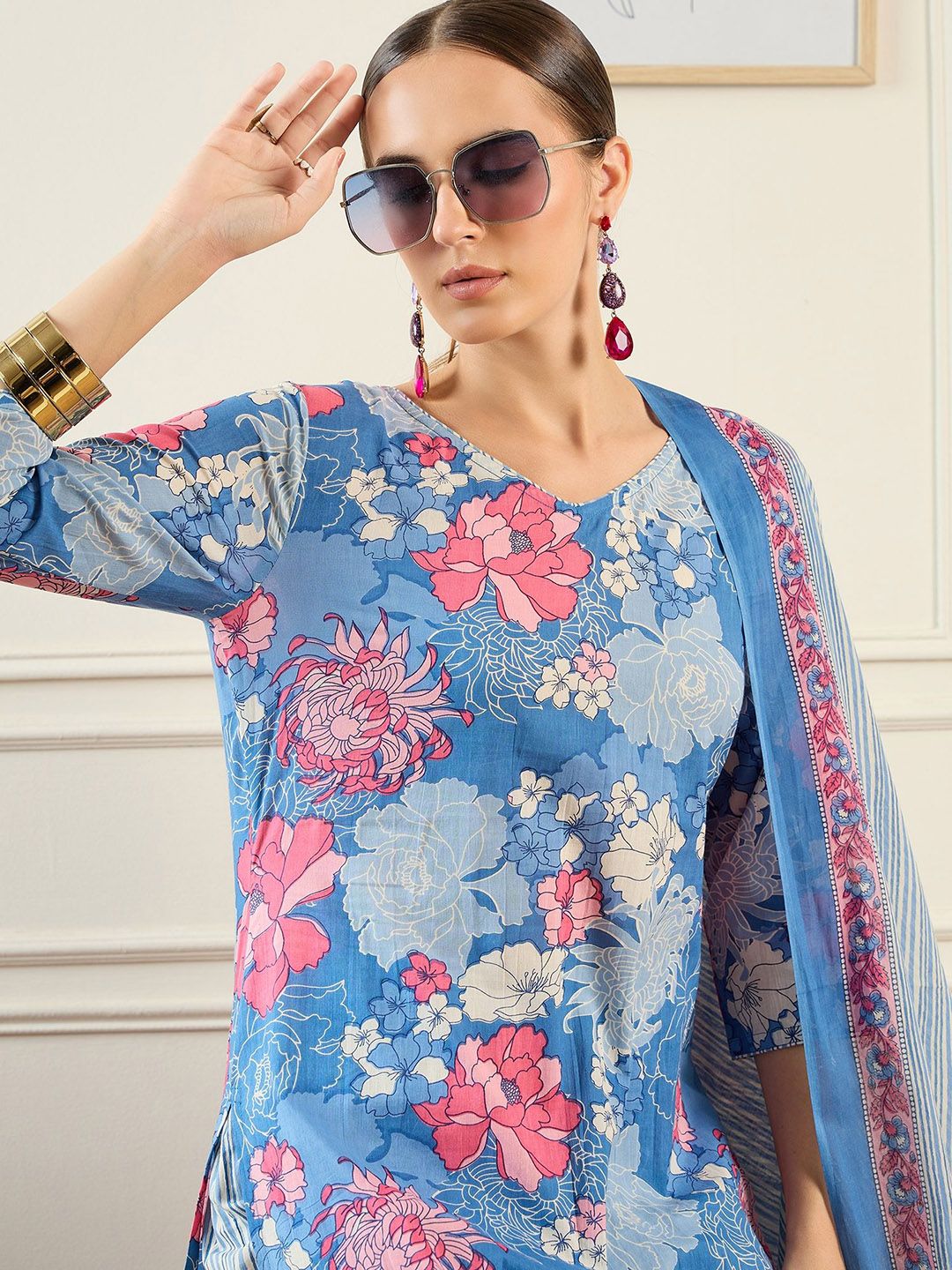 Indo Era Floral Printed Pure Cotton Kurta With Trousers & Dupatta