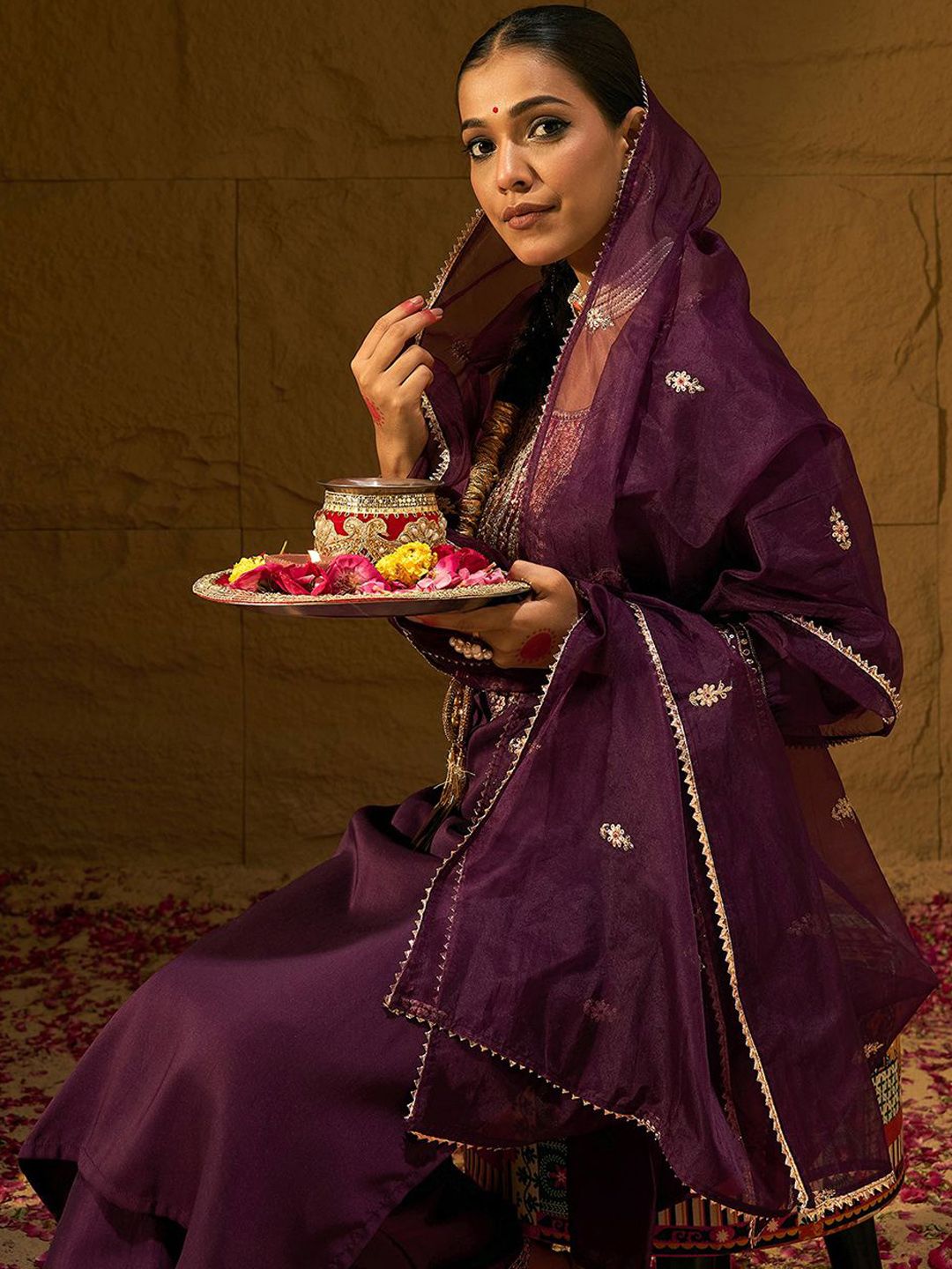 Indo Era Burgundy Floral Embroidered Straight Kurta with Trousers & Dupatta