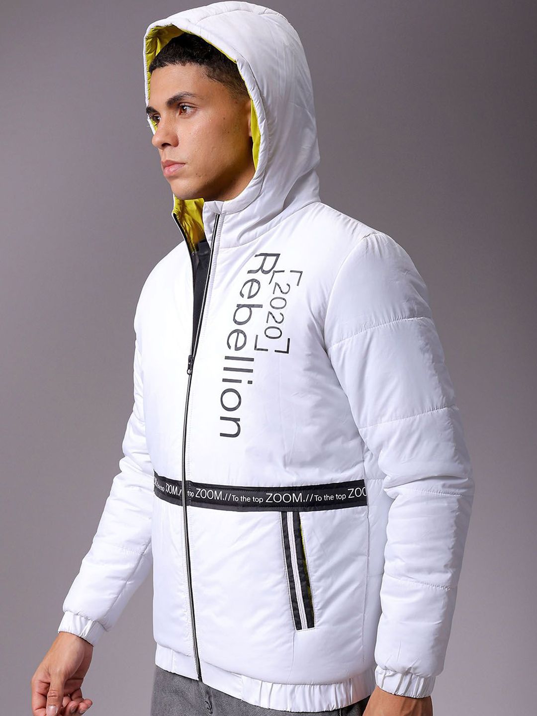 The Indian Garage Co Men Hooded Typography Printed Casual Quilted Jacket