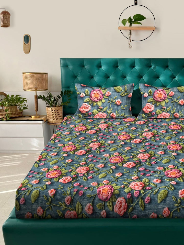 Myntra Elegant Homes Turquoise Blue Floral 300 TC King Bedsheet with 2 Pillow Covers