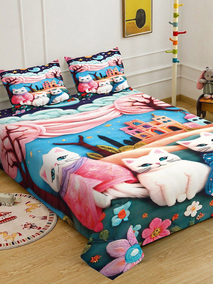 Klotthe Cartoon Printed 400 TC King Size 7D Bedsheet & 2 Pillow Covers- 2.50 m x 2.25 m