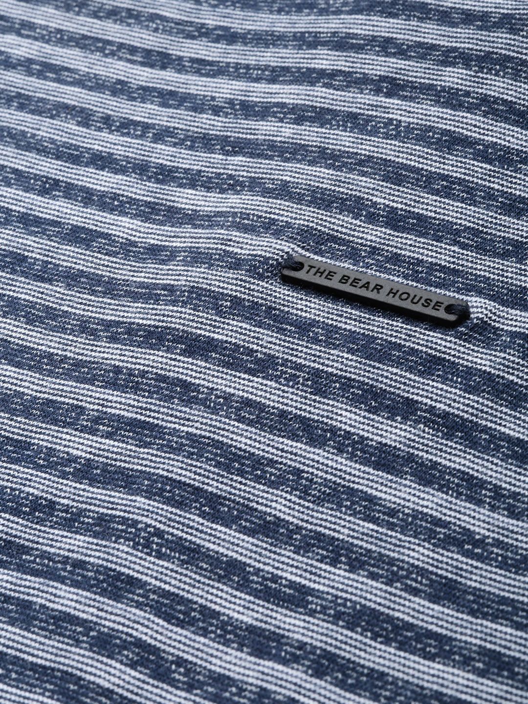 THE BEAR HOUSE Men Navy Blue Striped Round Neck T-shirt