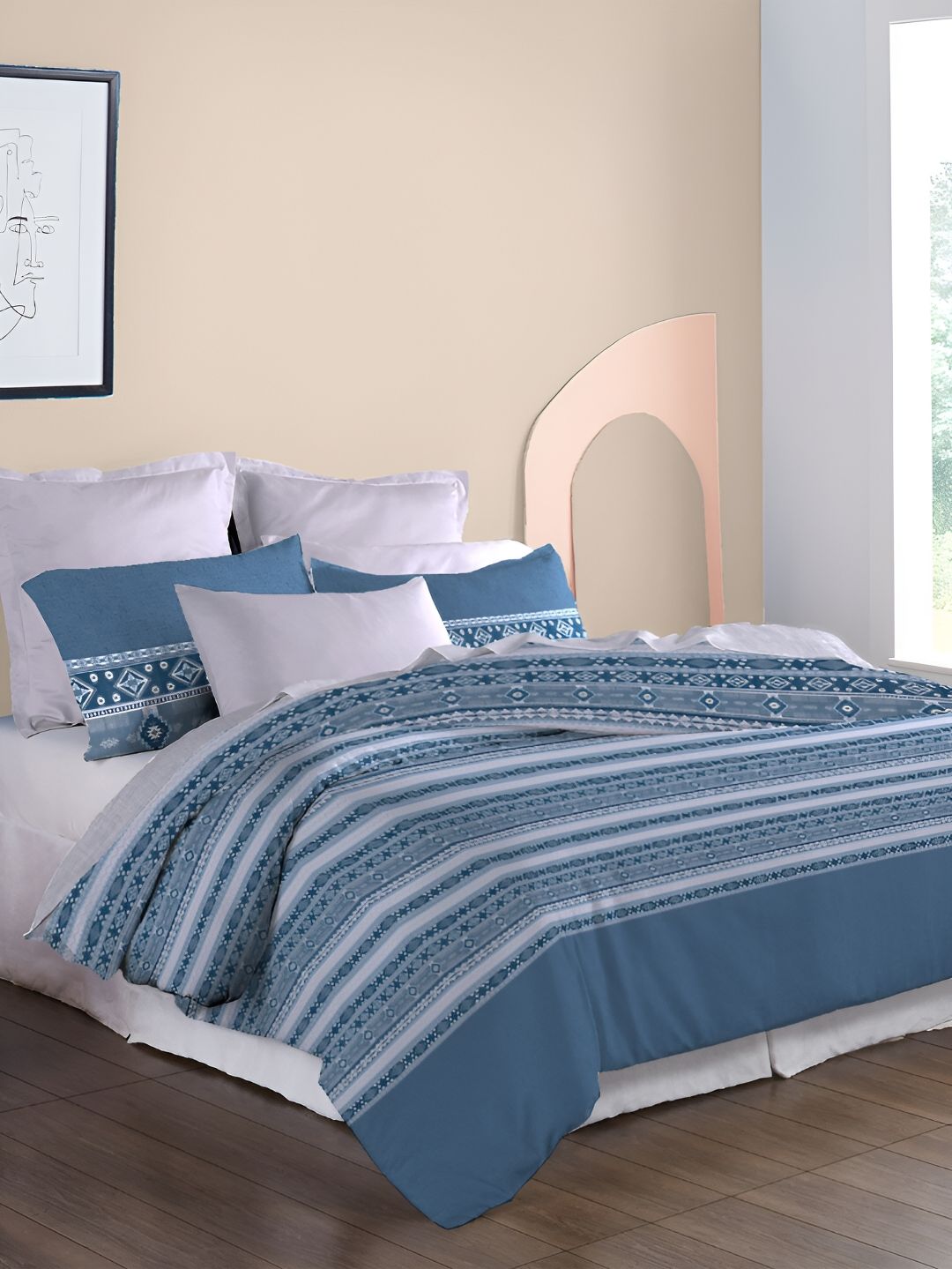 MYTRIDENT Grey & White Ethnic Motifs 210 TC Pure Cotton King Bedsheet with 2 Pillow Covers