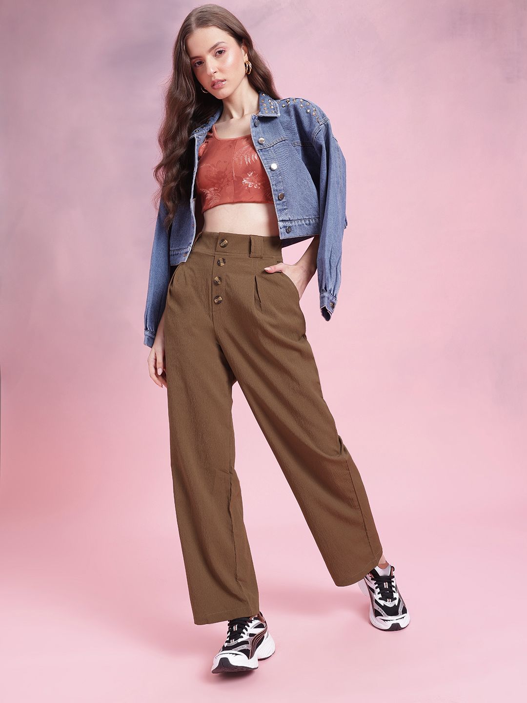 DressBerry Women Comfortably Grunge Textured Pleated Mock Button Trousers