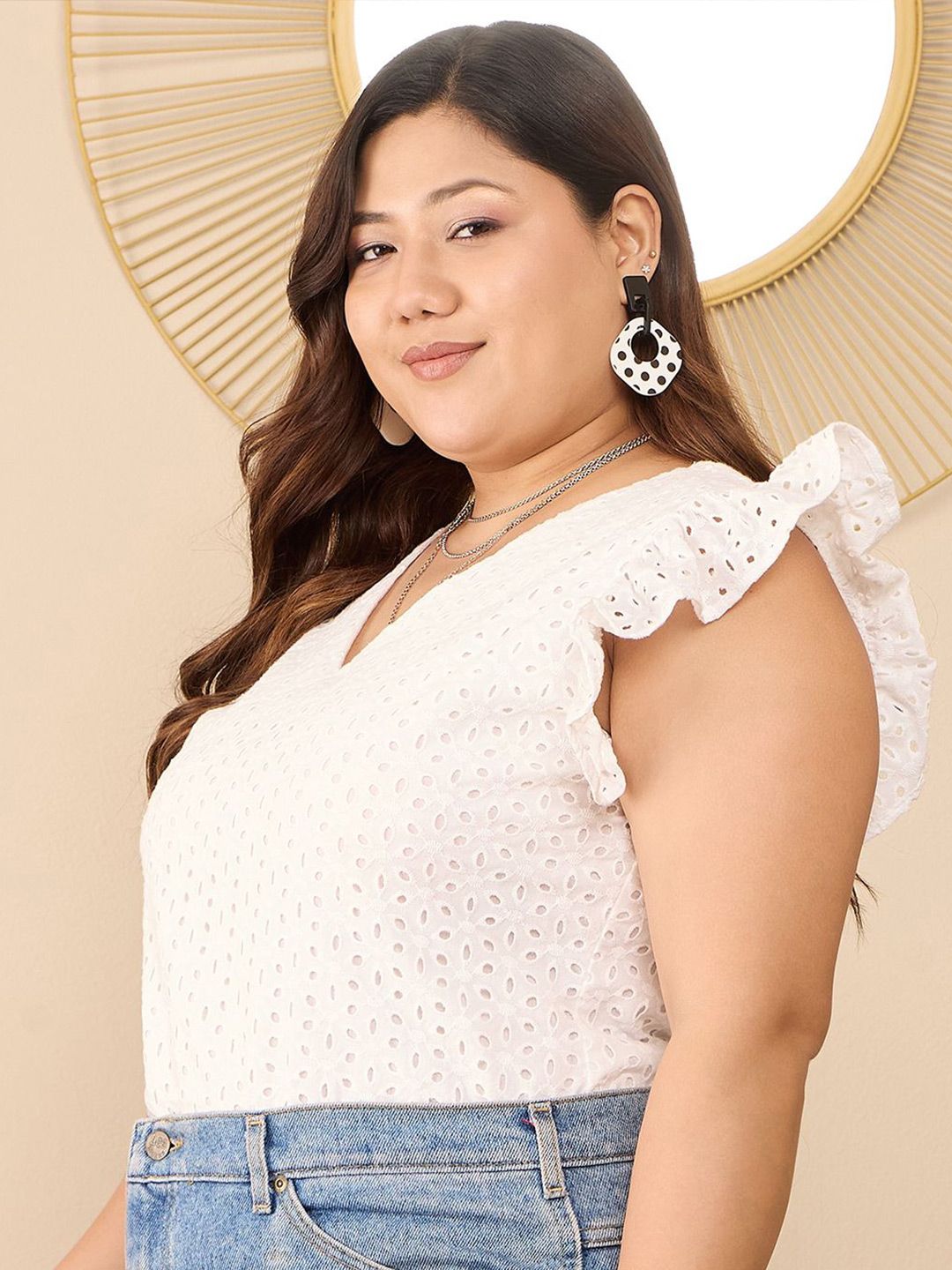 Berrylush Curve Flutter Sleeve Cotton Schiffli Plus Size Top