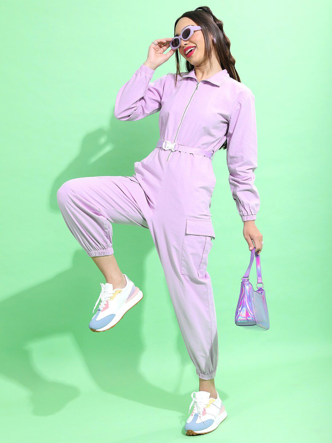 Tokyo Talkies Lavender Shirt Collar Basic Jumpsuit