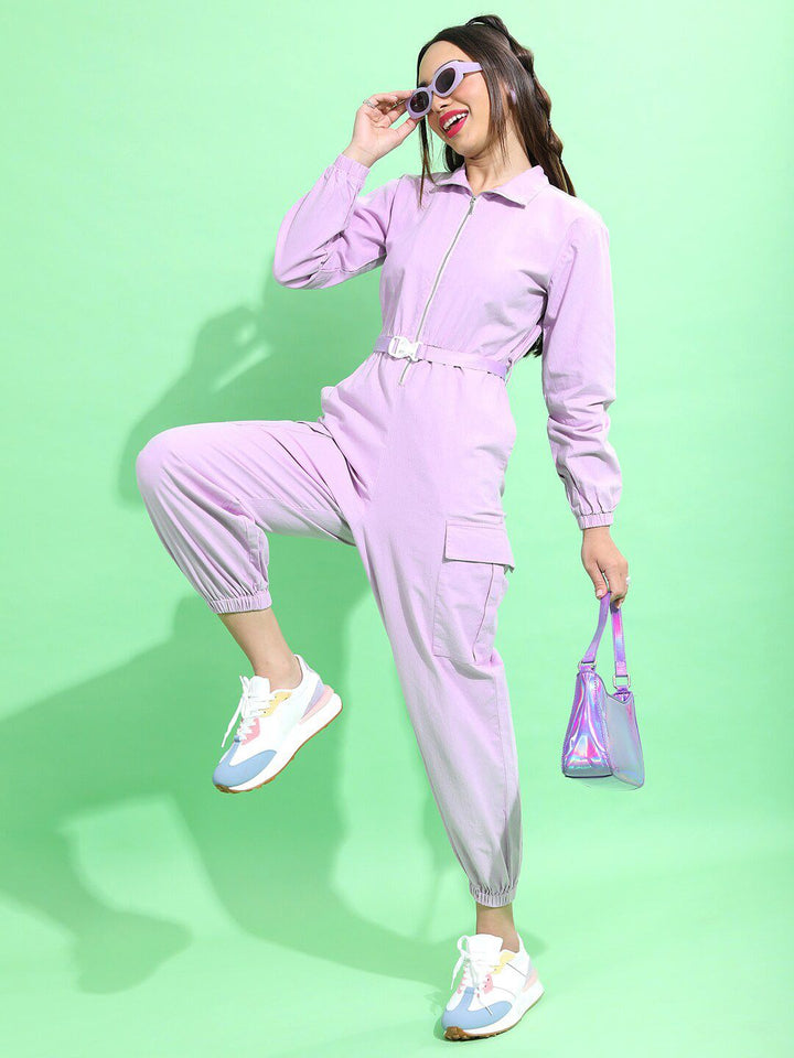 Tokyo Talkies Lavender Shirt Collar Basic Jumpsuit