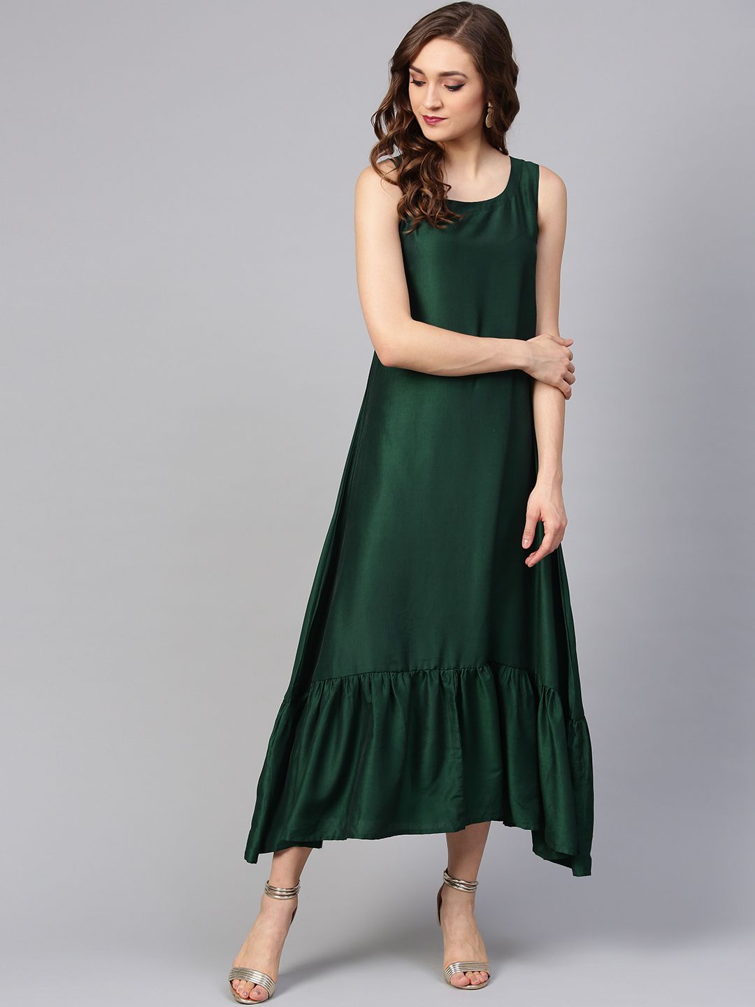 Libas Women Green & Golden Printed Maxi Dress With Ethnic Jacket