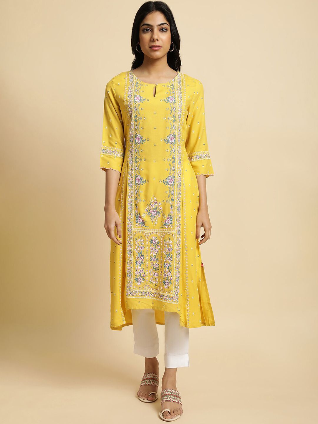 W Yellow & Pink Floral Printed Keyhole Neck A-Line Kurta