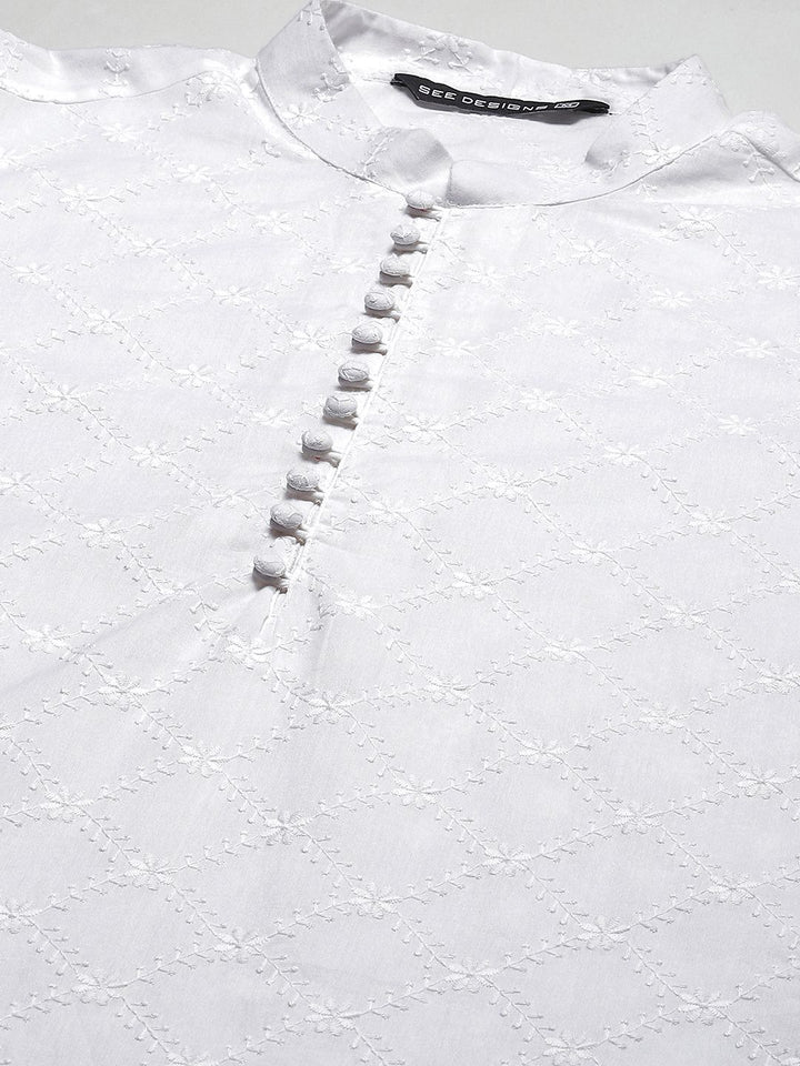 See Designs Men White Embroidered Chikankari Pure Cotton Kurta with Pyjamas