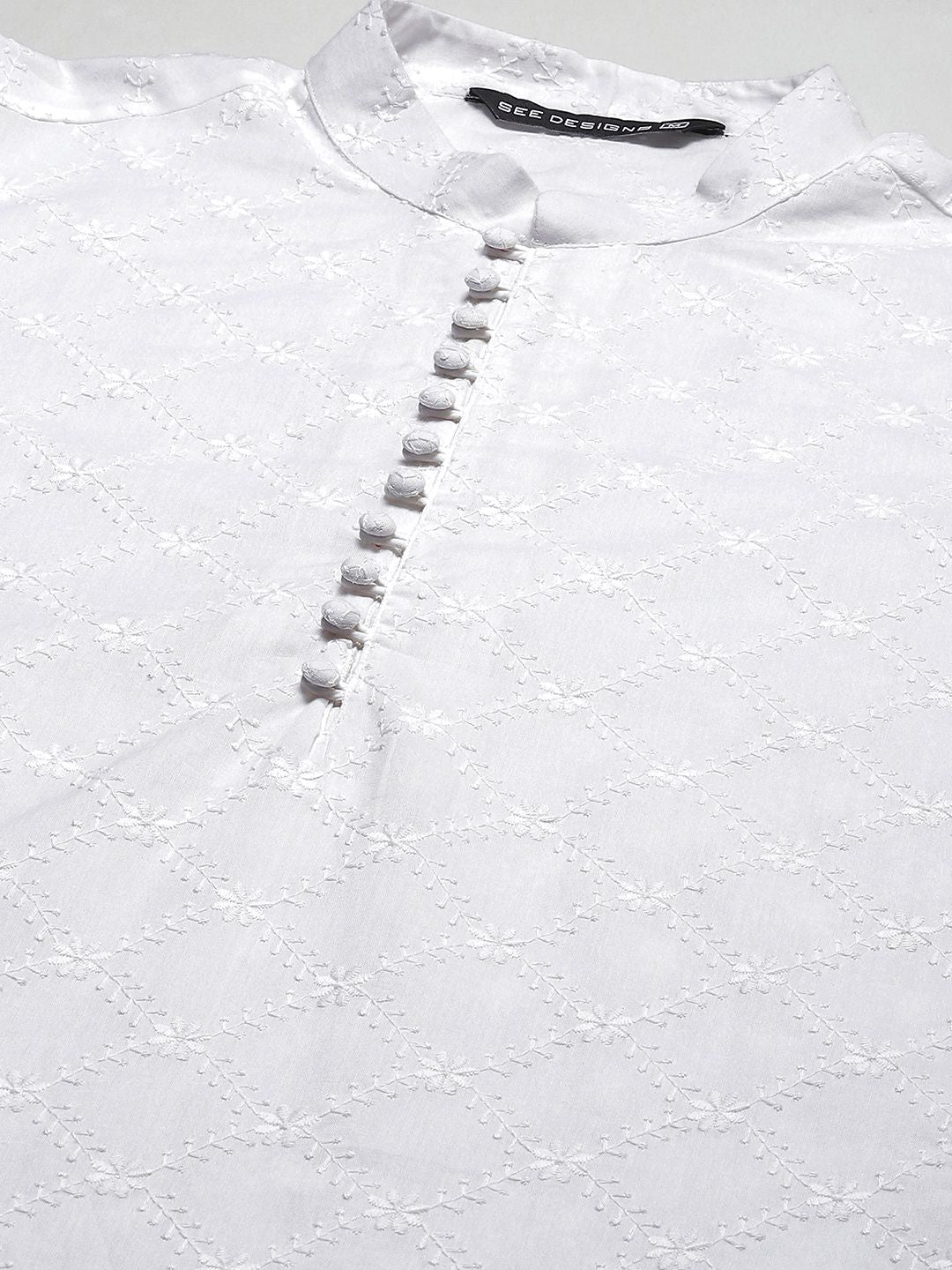 See Designs Men White Embroidered Chikankari Pure Cotton Kurta with Pyjamas