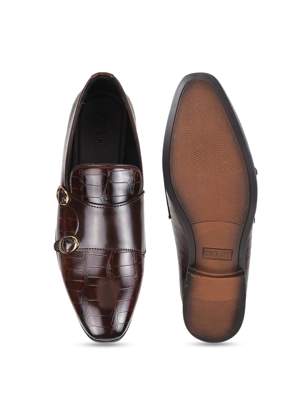 Mochi Men Textured Leather Formal Monk Shoes With Buckle Detail