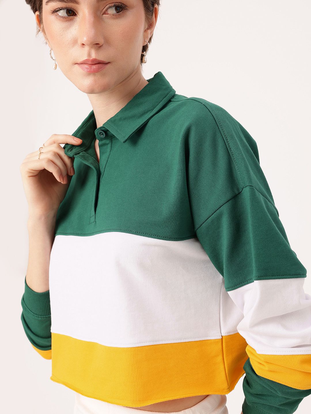 DressBerry Urban Cool Colourblocked Polo Boxy Crop Sweatshirts