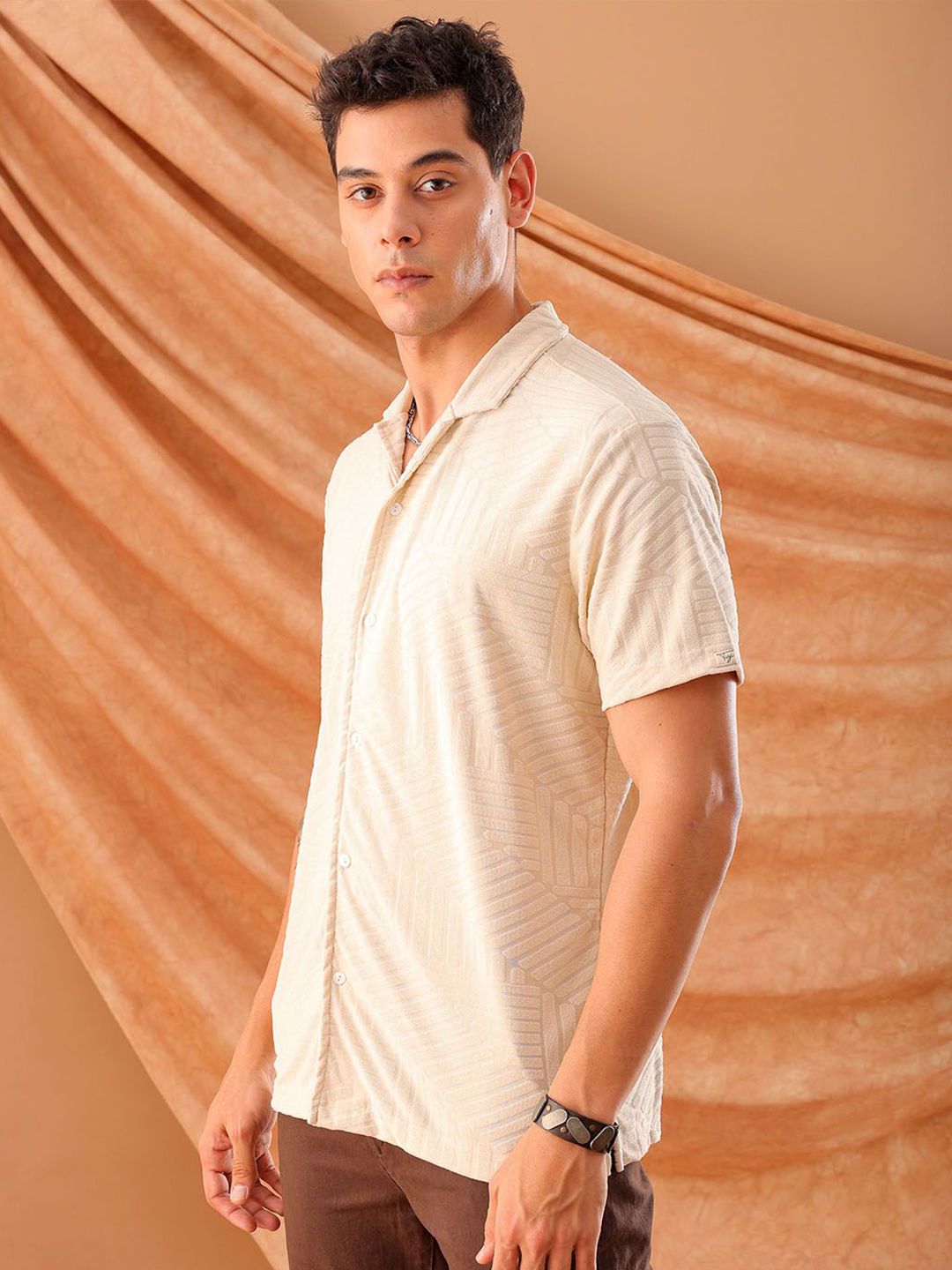 The Indian Garage Co Men Slim Fit Textured Terry Knit Resortwear Shirt