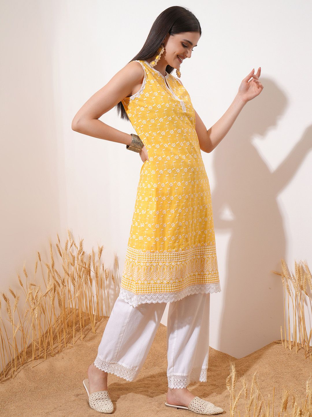 Vishudh Yellow Ethnic Motifs Embroidered Thread Work Straight Kurta