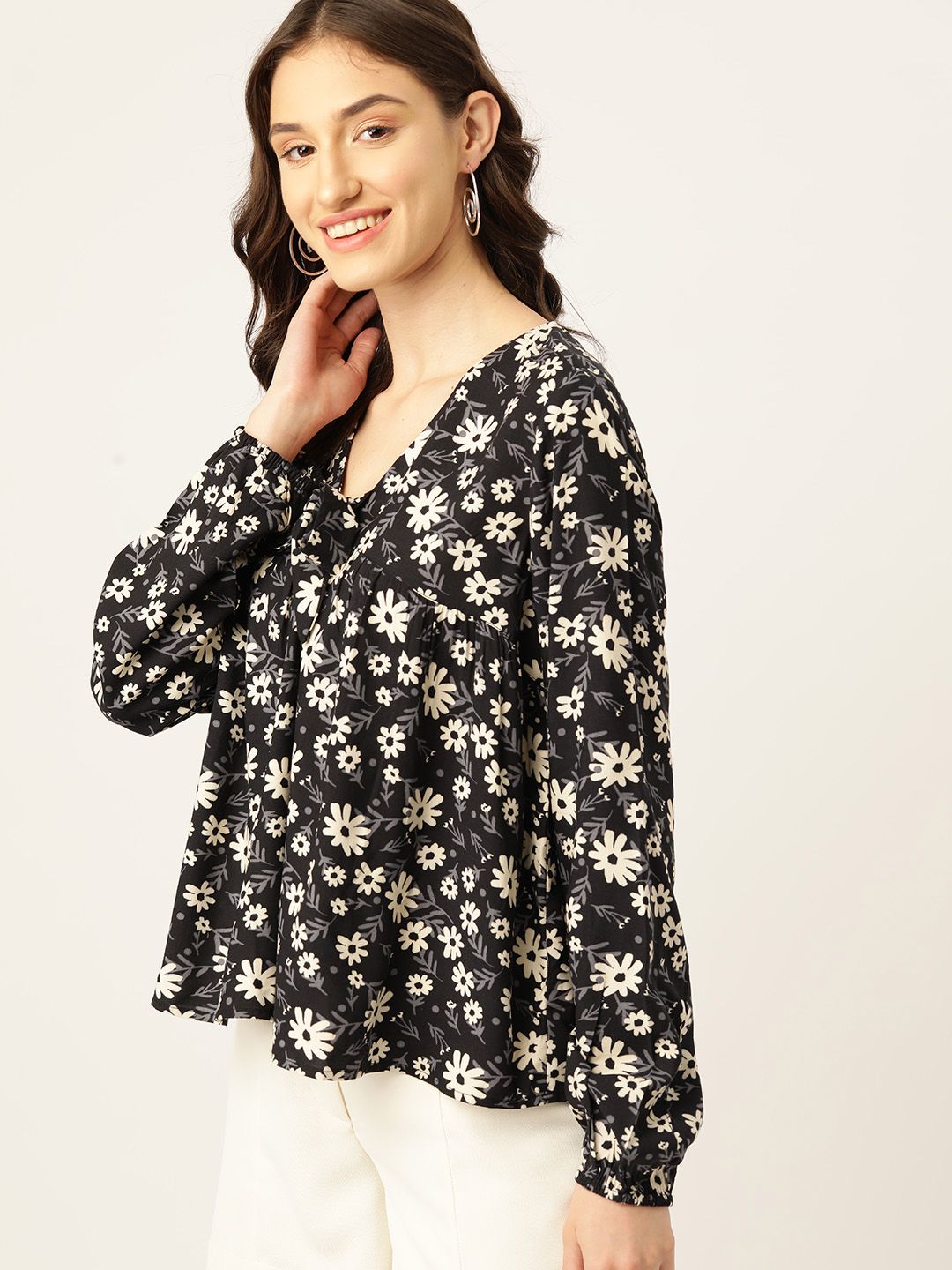 DressBerry Floral Print Tie-Up Neck Puff Sleeves Empire Top