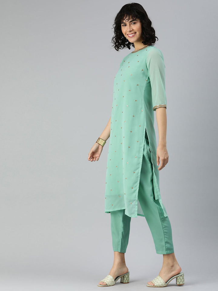 KALINI Floral Embroidered Regular Sequinned Kurta with Trousers