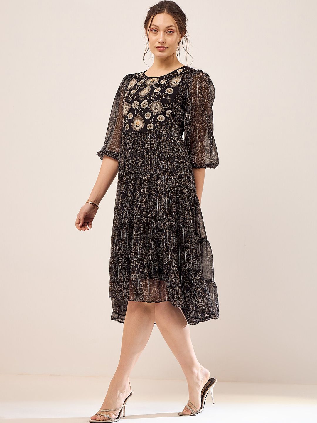 Antheaa Black Floral Printed Embroidered Puff Sleeves Chiffon Fit & Flare Midi Dress