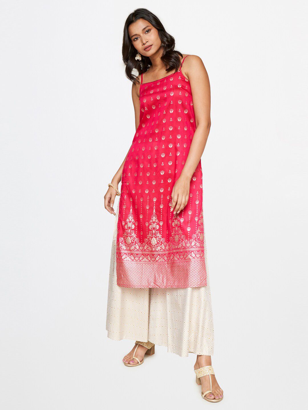 Global Desi Ethnic Motifs Foil Printed Shoulder Straps Kurta with Palazzos