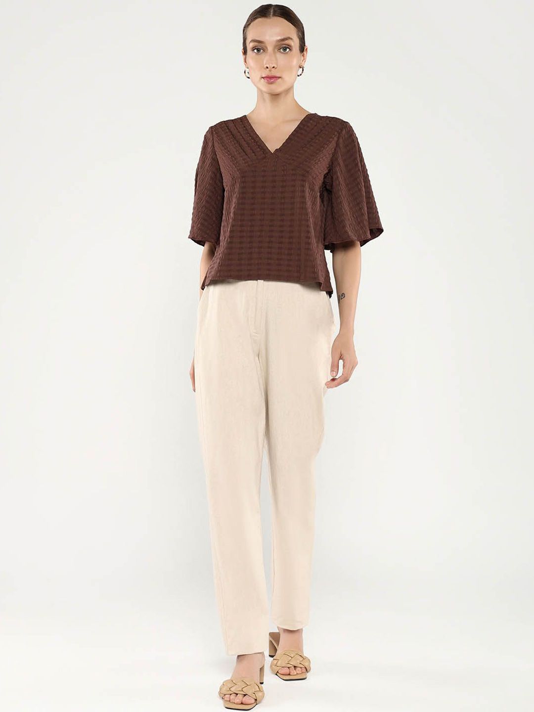 RAREISM Solid Self Design V-Neck Top