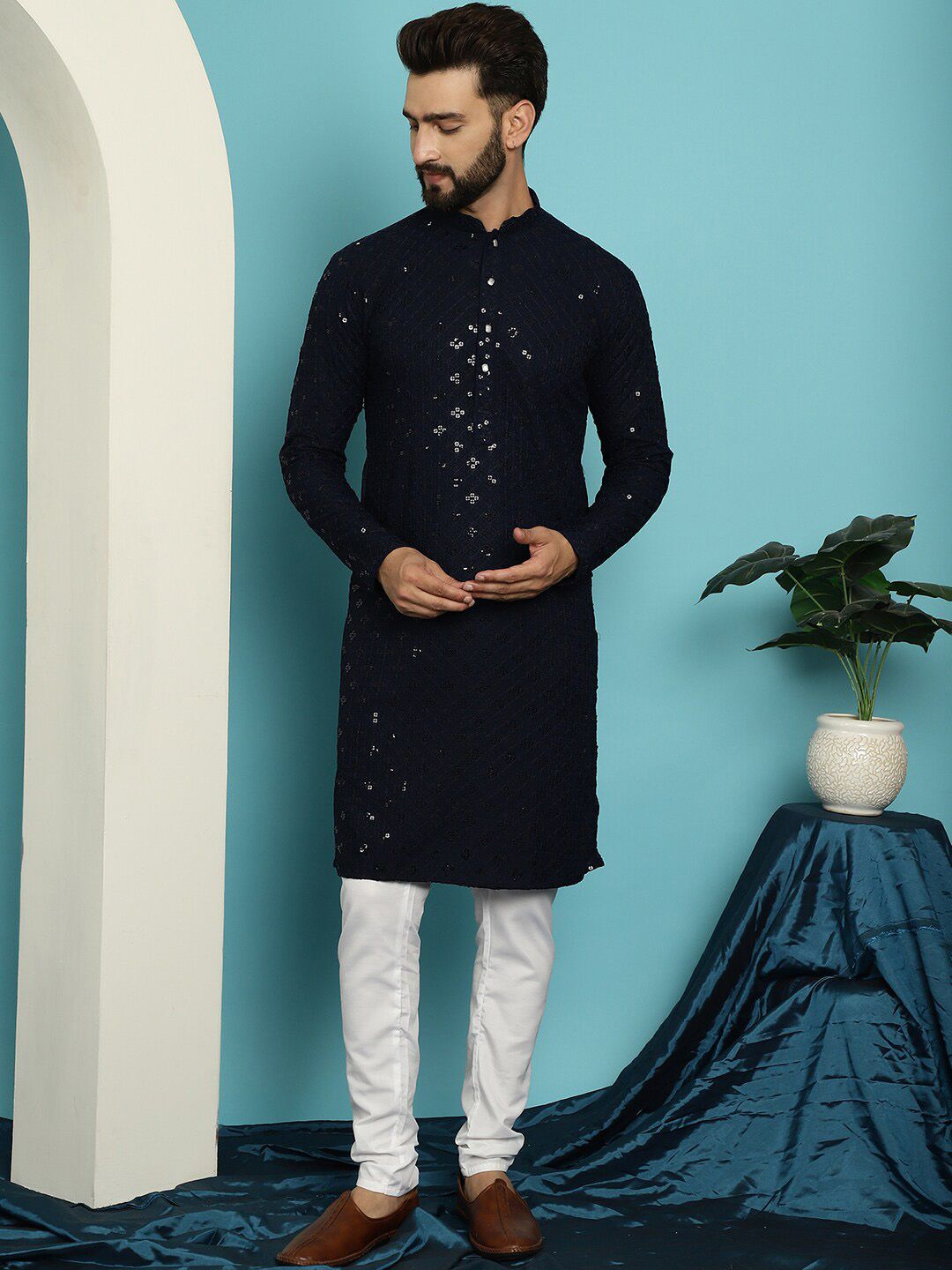 SOJANYA Kurta Kapas Tulen Bersulam Labuci dengan Set Pijama