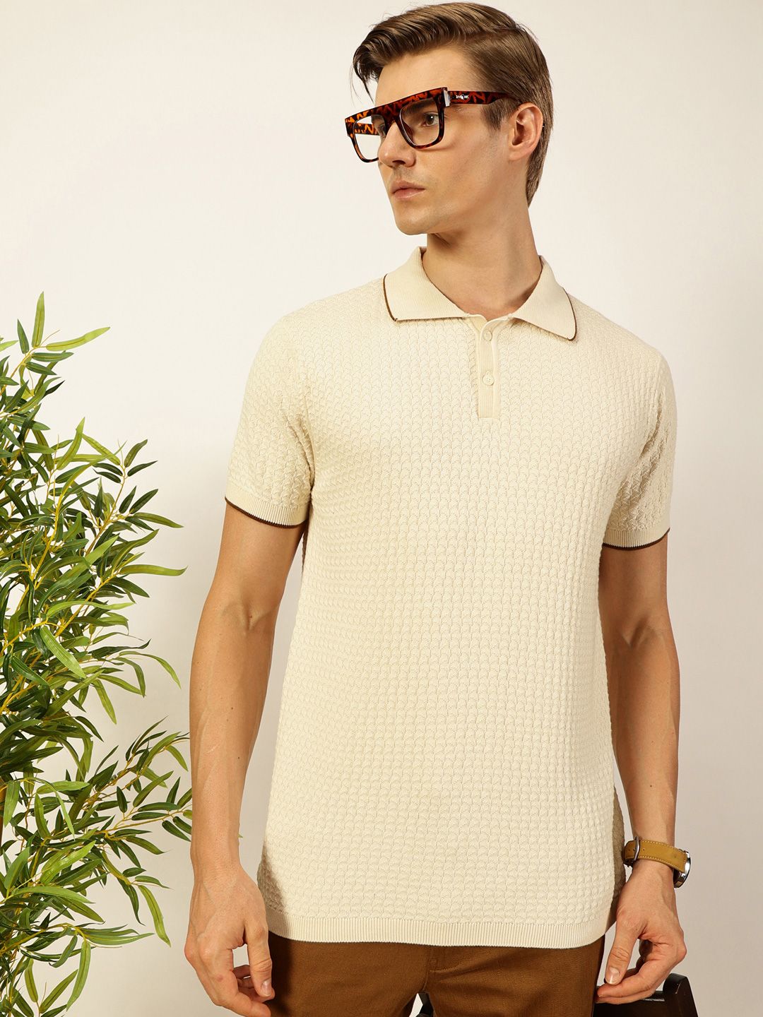 Thomas Scott Men Self Design Regular Fit Knitted Polo T-shirt