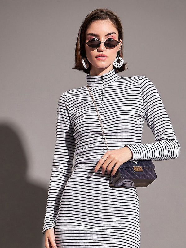 SASSAFRAS Black & White Horizontal Striped High Neck Top