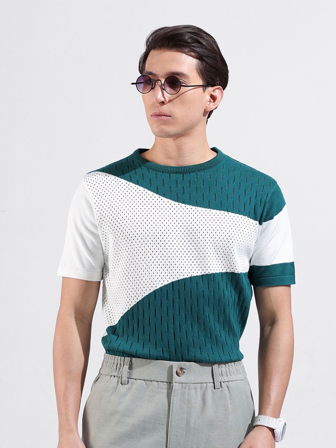 The Indian Garage Co Men Flat Knit Slim Fit Textured T-Shirt