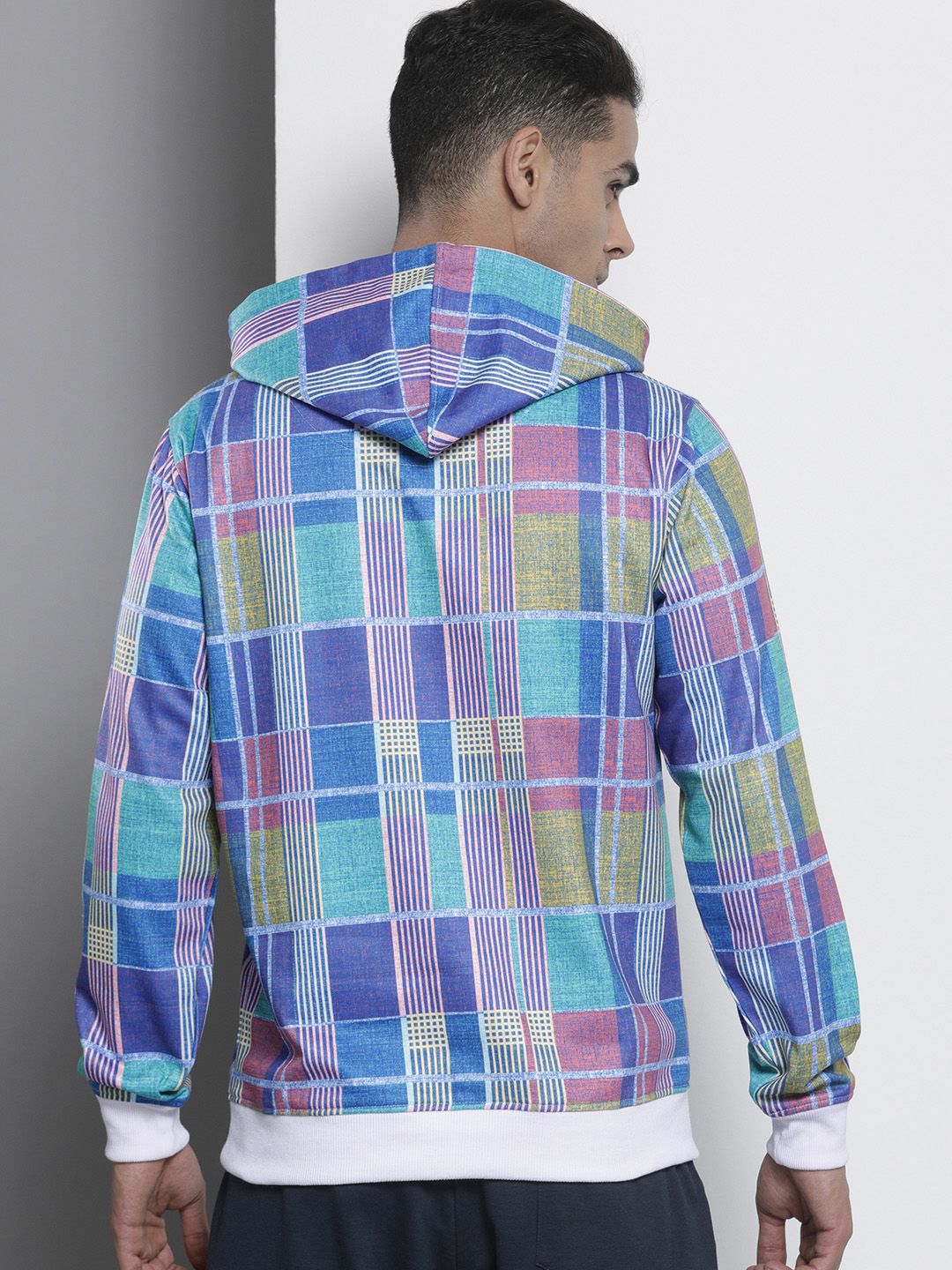 The Indian Garage Co Men Blue Checked Hooded Sweatshirt