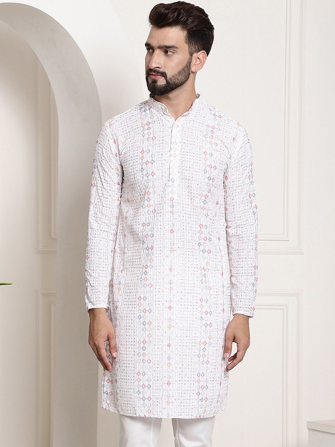 SOJANYA Band Collar Geometric Printed Thread Work Cotton Kurta