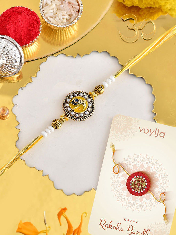 Voylla Studded Yellow Thread Mens Rakhi untuk abang