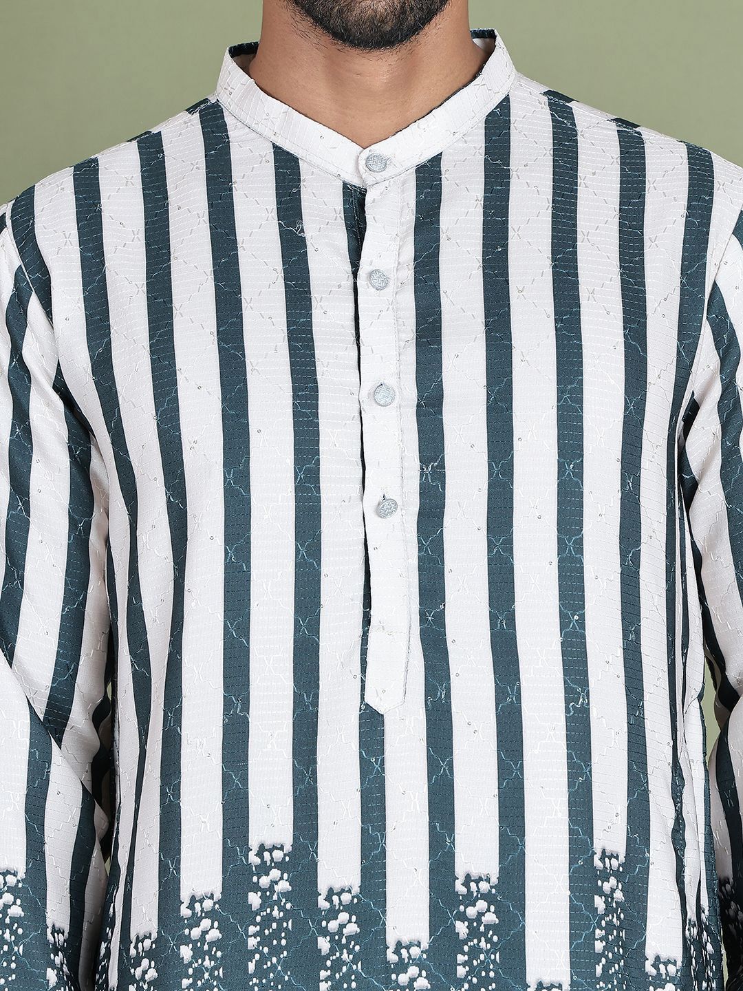 Jompers Striped Printed Band Collar Straight Kurta With Trouser