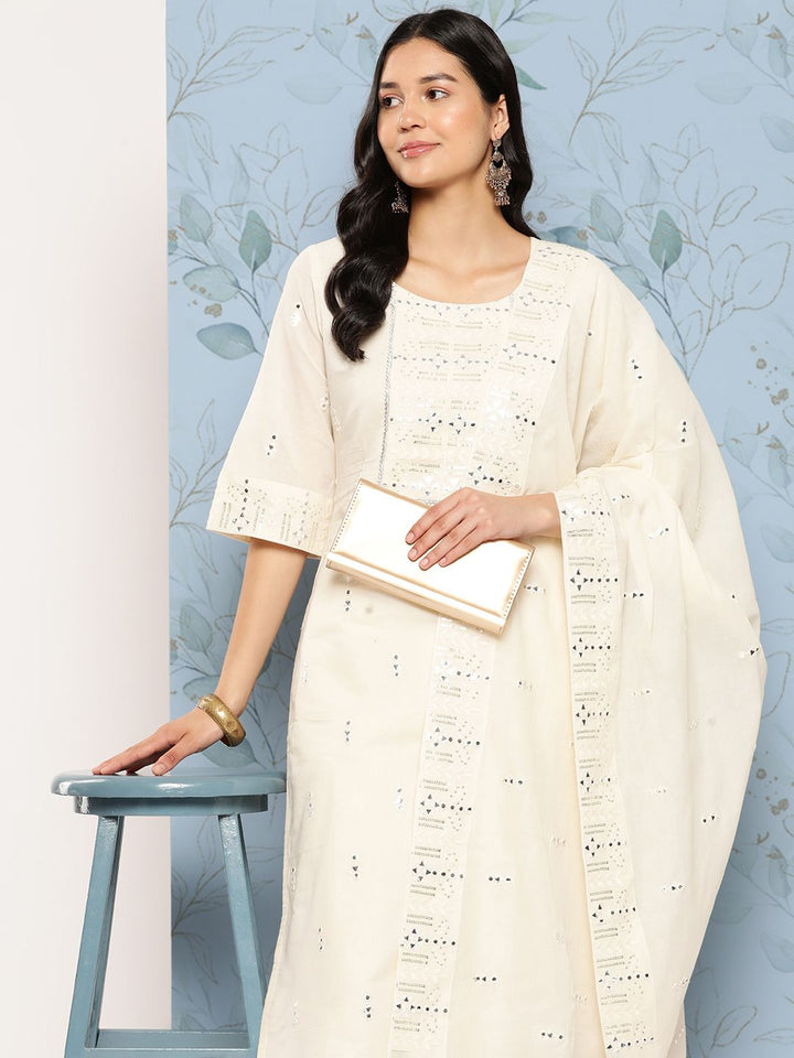 Libas Women Embroidered Mirror Work Pure Cotton Kurta With Palazzos & With Dupatta