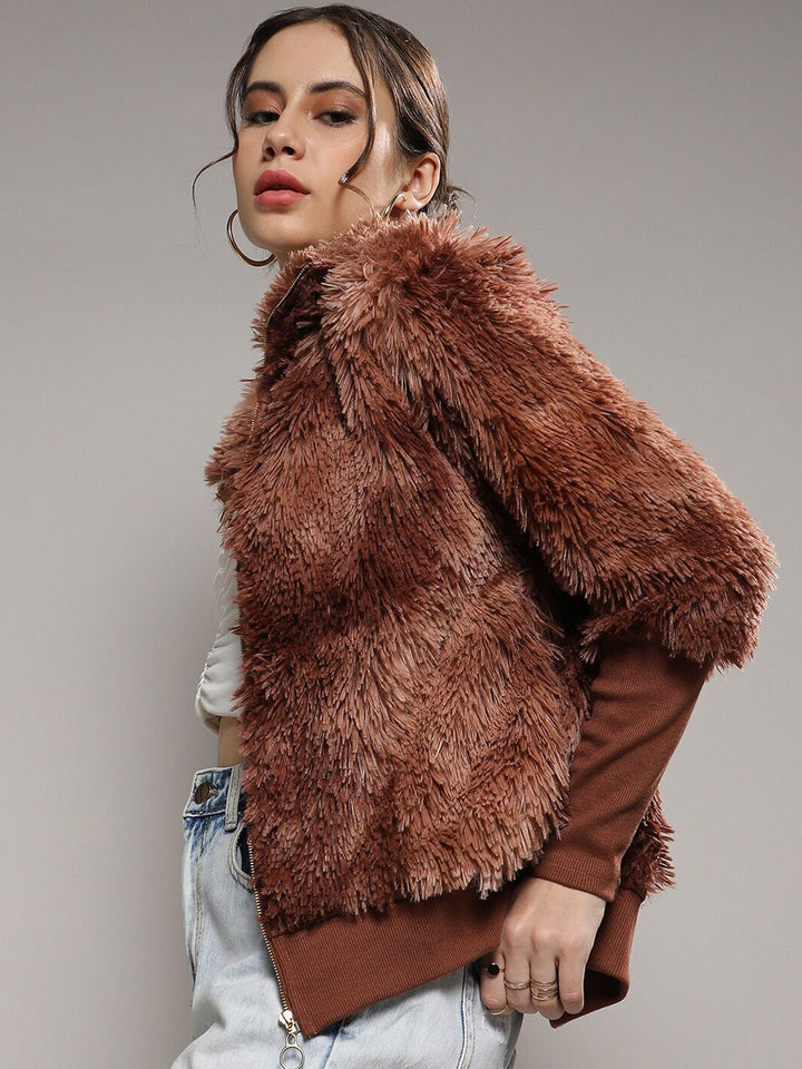 Campus Sutra Brown Mock Collar Windcheater Faux Fur Tailored Jacket