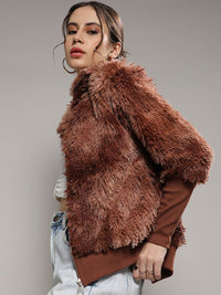 Campus Sutra Brown Mock Collar Windcheater Faux Fur Tailored Jacket