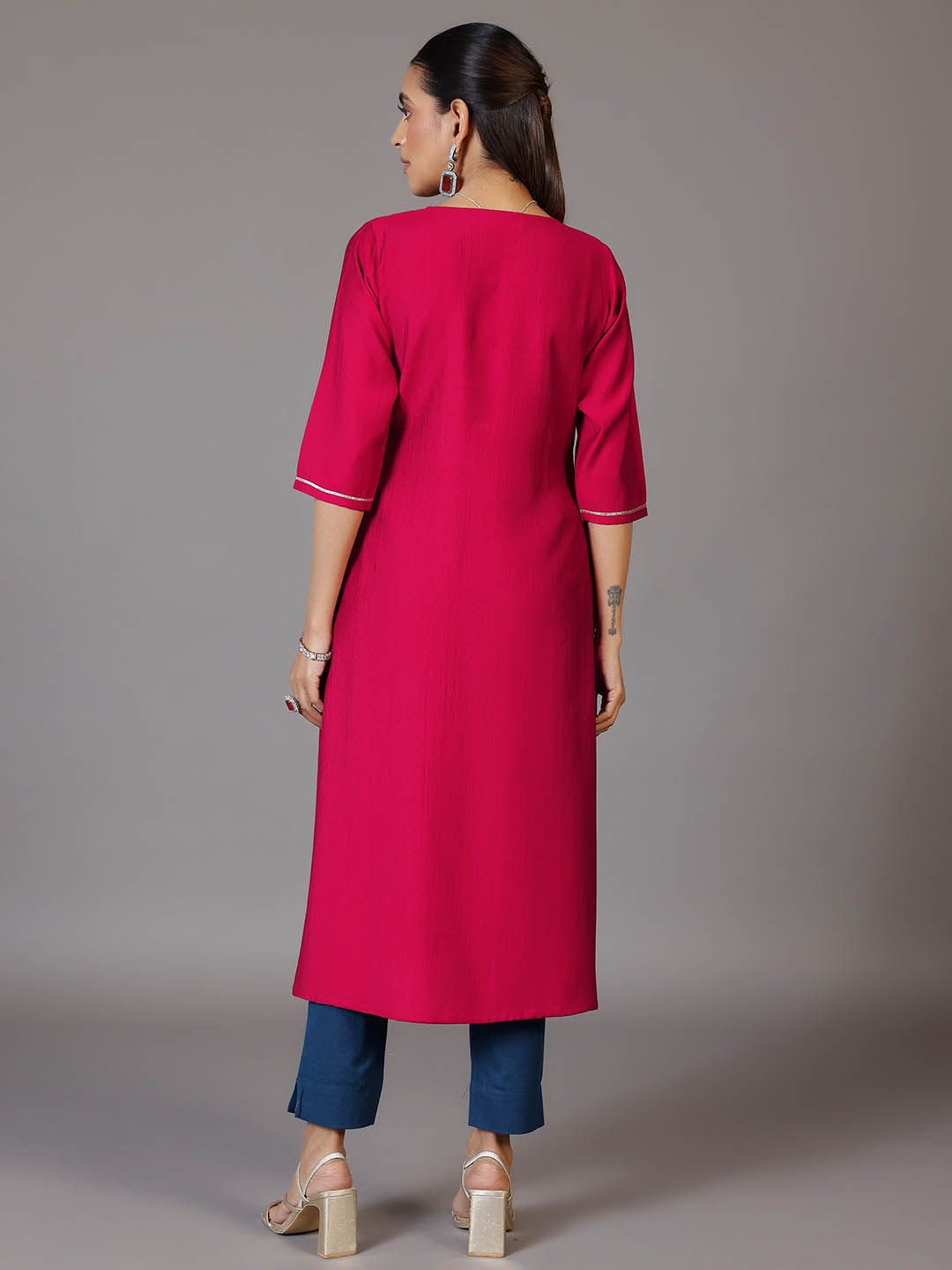 Libas Round Neck Yoke Design Three Quarter Sleeves Thread Work Kurta