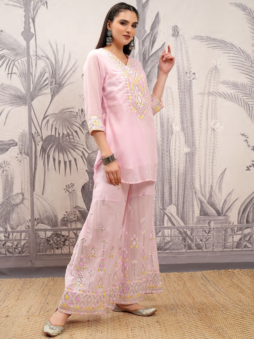 Vishudh Ethnic Motifs Embroidered Pure Cotton Straight Kurta & Sharara With Dupatta