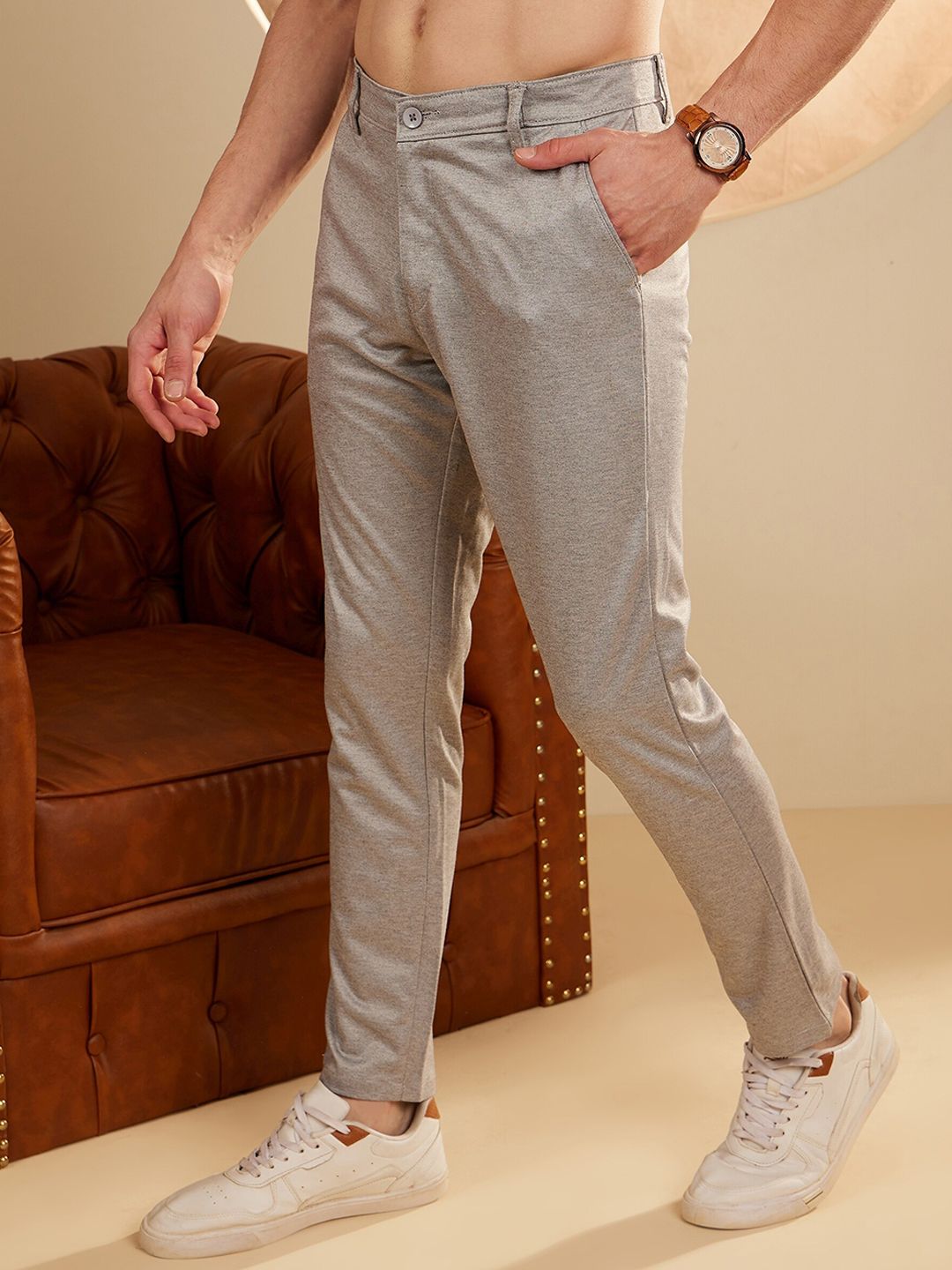 DENNISON Men Textured Smart Tapered Fit Easy Wash 4-Way Lycra Chinos