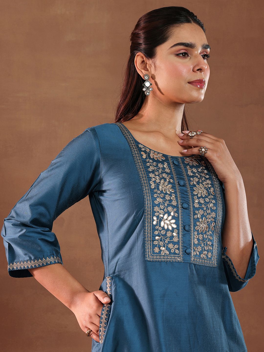 Libas Floral Yoke Design Sequinned Straight Kurta With Trouser