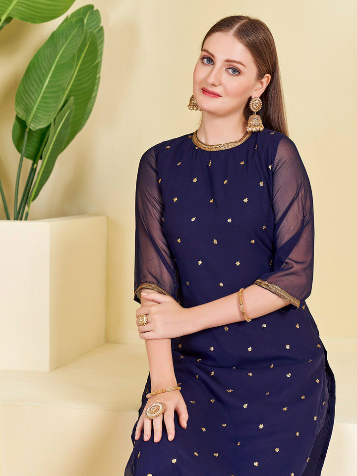 KALINI Floral Embroidered Sequined Georgette Straight Kurta With Trouser