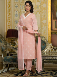 Varanga Floral Embroidered Chikankari Straight Kurta With Trousers & Dupatta