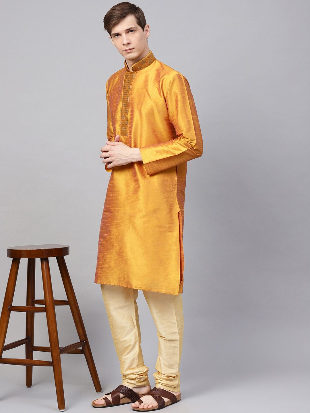 SOJANYA Lelaki Mustard Tenun Kuning Design Kurta Lurus