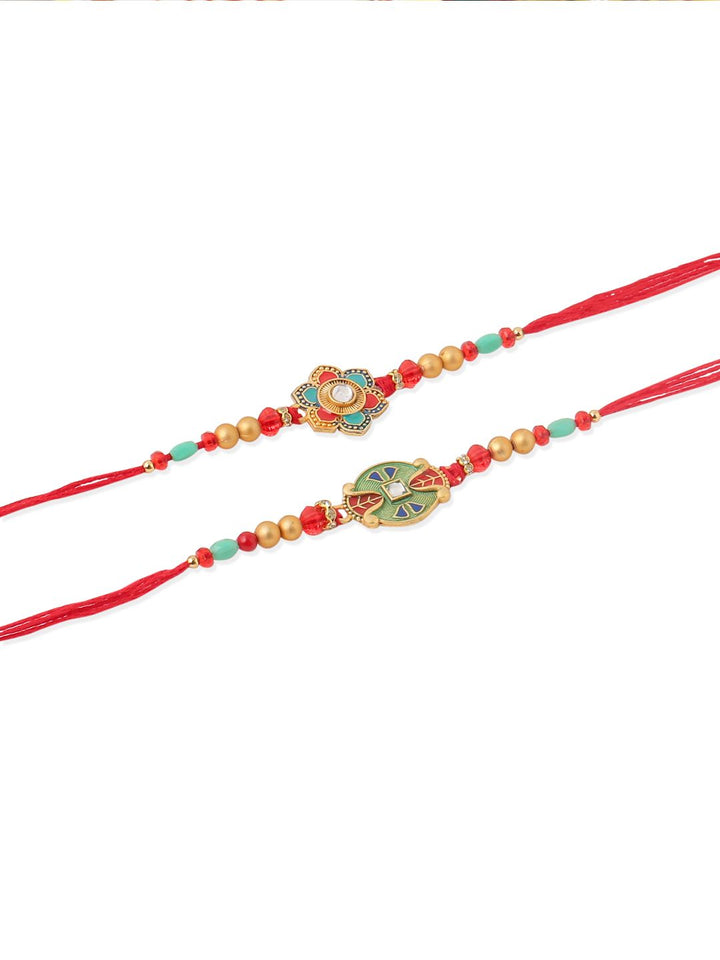 NVR Unisex Set of 2 Artificial Stones & Beads Thread Rakhi With Roli Chawal Chandan Mishri